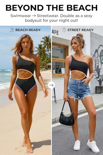 Image of Women's One Piece Swimsuit- One Shoulder Cutout Tummy Control Bathing Suit | Wide Strap, Removable Pads, Full Coverage, Full Lined, Colorblack, Sexy, Chafe-free skin via clasp-free back