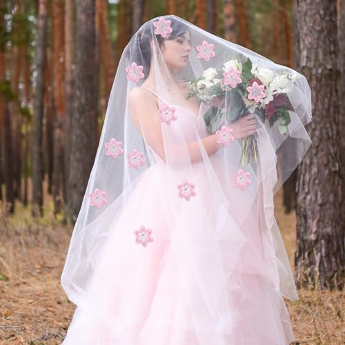 2 Yards 3D Flower Pink Lace Ribbon, Pink Flower Trim Polyester Floral Applique Embroidered Sewing Craft for Wedding Dress Embellishment DIY Dress Decor (Pink)