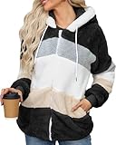 Yuson Girl Felpe con Cappuccio Donna Felpa in Pile Patchwork Manica Lunga Felpe Donna con Zip Autunno Invernale Felpa Pelosa Casual Giacca Teddy Outwear Caldo Cappotto con 2 Tasche(Nero, M)