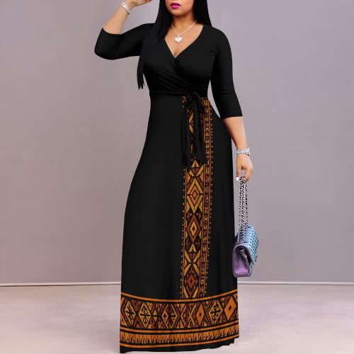 Image of Plus Size Maxi Dress for Women V Neck 3 /4 Sleeve Wrap Dress Black Aztec L | Black Aztec Geometric Women's Maxi Dress