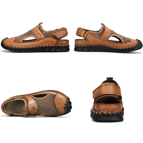 Men's Closed Toe Sandals Summer Breathable Comfortable Leather Mesh Sandals Beach Closed Toe Water Sandals, US-9/9.5, B-brown3