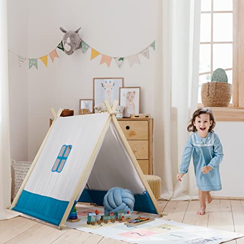 Relaxdays speeltent voor kinderen, laag, met venster & deur, HBD: 92 x 86 x 120 cm, wigwam kindertent, binnen, blauw/wit - Afbeelding 4