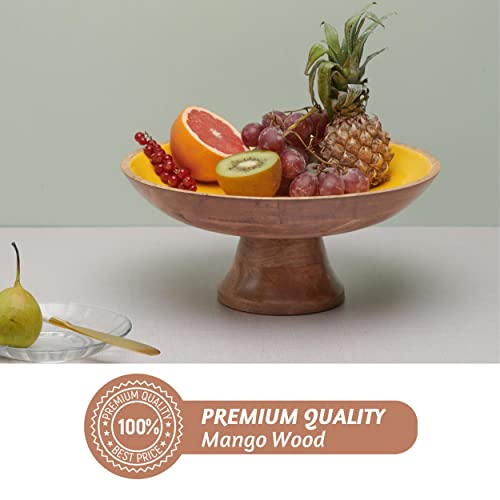 Folkulture Wooden Pedestal Fruit Bowl For The Counters Or Decorative Fruit Stand For Kitchen Counters Or Centerpiece Table Décor, 12-Inch Large Serving Bowls For Fruits, Breads, Mango Wood, Yellow #TOP3