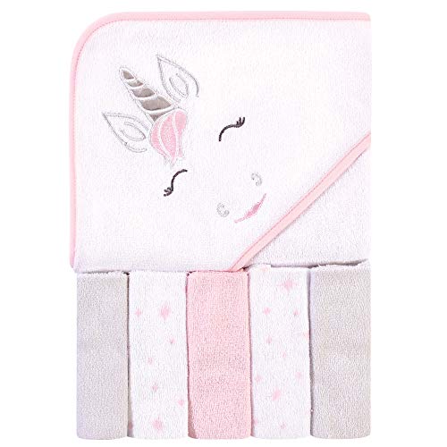 Image of Hudson Baby Unisex Baby Hooded Towel and Five Washcloths, Pink Unicorn, One Size