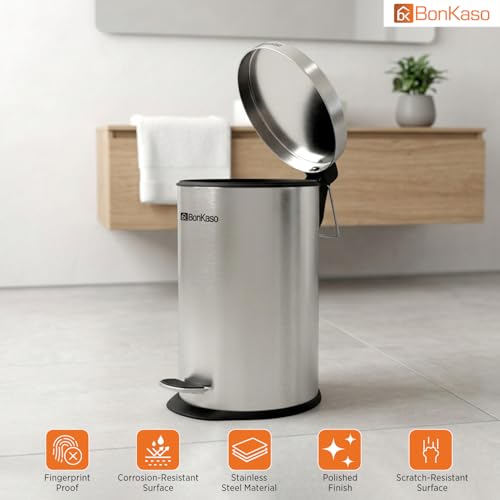 Image of Bonkaso 5L Stainless Steel Pedal Dustbin with Lid & Plastic Inner Bucket (7x11 Inch) | Foot Operated Garbage /Trash Can For Home, Kitchen, Bathroom & Office | Rust Proof Round Waste Bin (Silver)