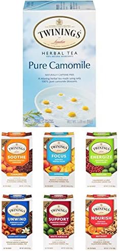 Twinings of London Pure Camomile Herbal Tea Bags, 20 Count (Pack of 6) withTwinings of London Daily Wellness Tea, Variety Pack, 18 Count (Pack of 6)