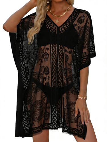 Womens Lace Bathing Suit Cover Up V Neck Beach Coverup Summer Swim Coverups Loose Bikini Beach Dress...