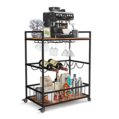 Industree 3-Tier Bar Cart with Wine Rack, Elegant Rustic Mobile Kitchen Cart with Storage, Microwave Cart, Coffee Cart, Wine Cart, Industrial Vintage Style Wood Metal Home Bar & Serving Cart