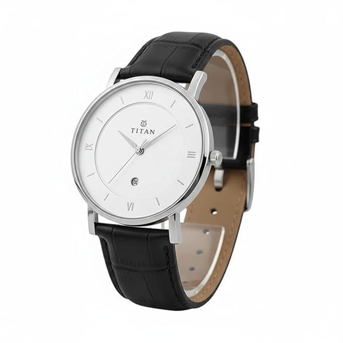 Image of T tan Round Analog Watch with White Dial, Black Leather Strap, Roman Numeral Markers, Date Display, Stainless Steel Case
