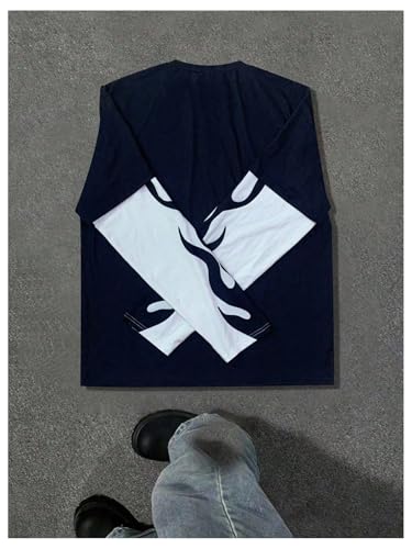 SOLY HUX Men's Graphic Tees Long Sleeve Crewneck Color Block 2 in 1 T Shirt Y2k Vintage Streetwear Tops2