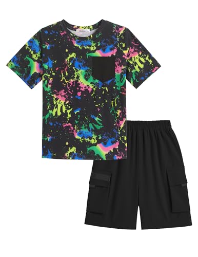 Image of Arshiner Boys' 2-Piece Cotton Outfit Short Sleeve Crewneck T-Shirt & Cargo Shorts Set Summer Casual Clothes for Kids 5-13