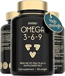 Omega 3 6 9 Capsules - High Strength 3000mg Triple Potency - Premium Fish Oil, Flaxseed & Sunflower Oil - 90 Easy to Swallow Softgel Tablets - EPA DHA ALA Omega 369 Fatty Acids Nutritional Supplements