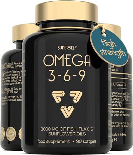 Omega 3 6 9 Capsules - High Strength 3000mg Triple Potency - Premium Fish Oil Flaxseed & Sunflower Oil - 90 Easy to Swallow Softgel Tablets - EPA DHA ALA Omega 369 Fatty Acids Nutritional Supplements