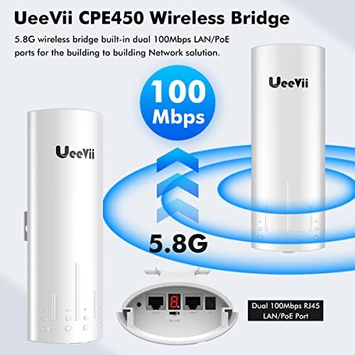 Wireless Bridge, UeeVii CPE450 5.8G Outdoor CPE Point to Point Long Range Access with 14DBi High Gain 22 Mimo Antenna, PoE Adapter, 2 RJ45 LAN Ethernet Port, 2-Pack