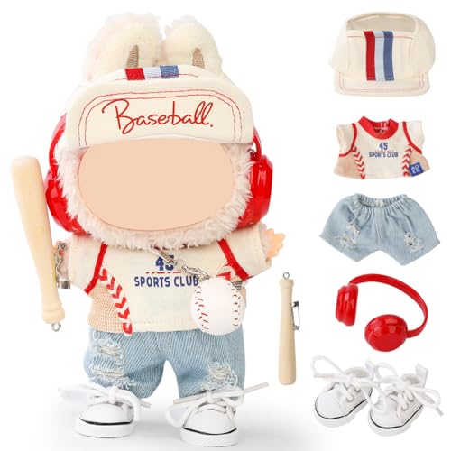 LEWOTE Kleidung Set Kompatibel für Labubu Puppe, Hut Anzug Ornamente Zubehör Set für 17cm / 6,7 Zoll Puppe (Baseball Set...
