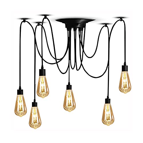 Sunsign Spider Light, Multiple Ajustable DIY Pendant Lighting, Vintage Edison Black Chandelier, Industrial Pendant Light Retro Chandelier Pendant Dining Hall Bedroom Hotel, 6 Heads, E27-without Bulb