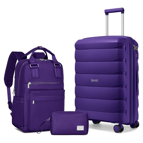 Image of Carry On Luggage 22x14x9 Airline Approved, 22 Inch PP Hardshell Luggage Carry-on Suitcase with Spinner Wheels, Carry On Suitcase Set for Women(Purple)