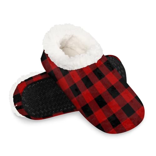 Buffalo Plaid Women's Slippers Socks Cozy Fuzzy Sherpa House Shoes Winter House Bedroom Slippers Red and Black Buffalo Checkered