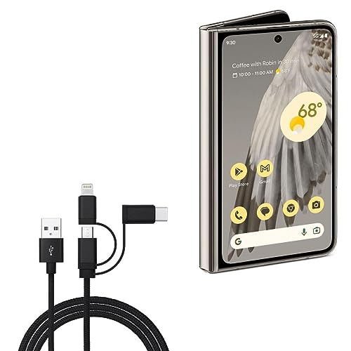 BoxWave Cable Compatible with Google Pixel Fold - AllCharge 3-in-1 Cable for Google Pixel Fold - Jet Black