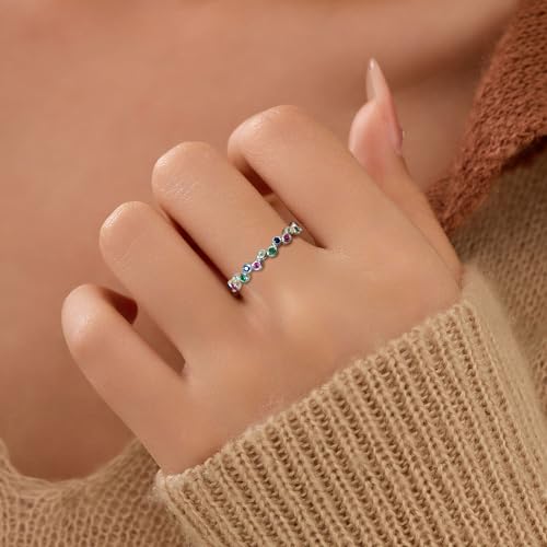 925 Sterling Silver Rainbow Birthstone Eternity Rings for Women Dainty Colorful Simulated Diamond CZ Stackable Ring Wedding Bands Ring Jewelry Christmas Birthday Gifts to Daughter2