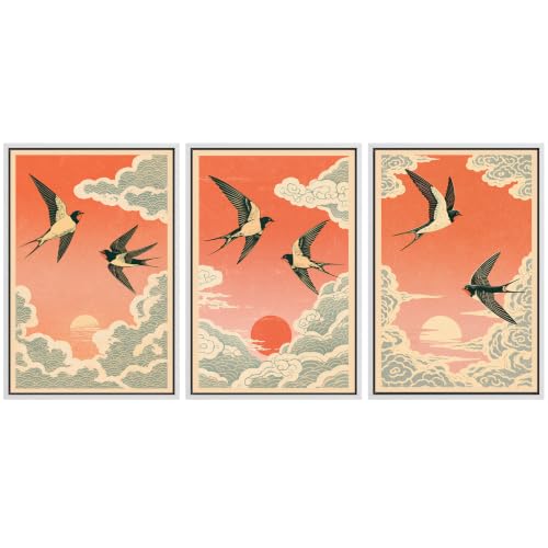 wall26 Framed Canvas Print Wall Art Vintage Swallows for Living Room