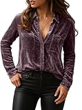 Velvet Tops for Women Vintage Casual Long Sleeve Button Down Shirts for Pockets Purple Gray
