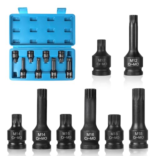 EFUTURETIME Juego de 8 Llaves XZN 1/2', M12, M14, M16, M18, Llaves 12 Puntas con Caja, CR-MO, Llaves de Vaso de Impacto Largas y Cortas