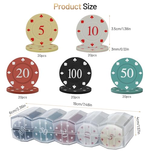 Professional Casino Chips Set, 100 Pieces with Storage Box, Plastic Mini Dice Striped