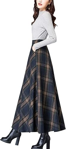 Women's Vintage High Waist Wool Blend Plaid A-Line Long Maxi Skirt with Pocket3