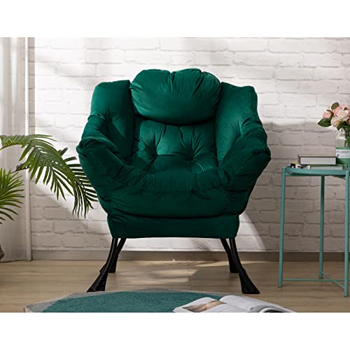 Acozyhom Modern Cotton Fabric Lazy Chair, Accent Contemporary Lounge Chair, Single Steel Frame Leisure Sofa Chair With Armrests And A Side Pocket, Thick Padded Back, Velvet Green #TOP1