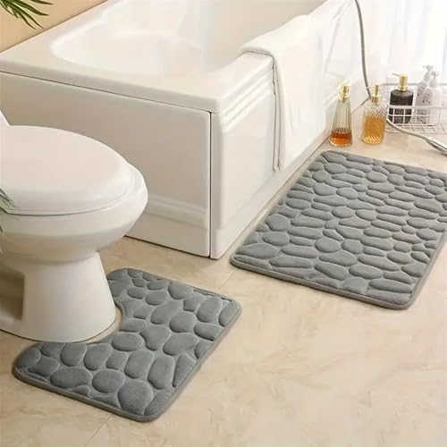GIBZ Badematte Set 2 Teilig Einfarbig Badezimmerteppiche Korallenvlies Badteppich Saugfähig Weich rutschfest Toilettenmatte Grau 40 * 60CM+U40*50CM