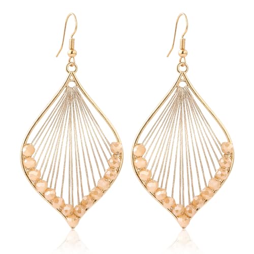 Boho Beige Dangle Earrings for Women Trendy Gold Statement Drop Teardrop Earrings Handmade Vintage Woven Long leaf Earrings Dangling Birthday Gifts.