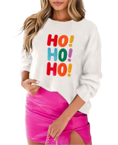 Image of SELINK Women's Holiday Sweater Crew Neck Print Casual Long Sleeve Pullover | cute tops, knit graphic sweaters, sequin letters, festive outfits, comfort fit for party daily wear