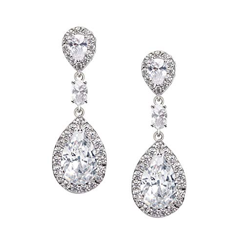 SWEETV Teardrop Wedding Bridal Earrings for Bridesmaids, Brides- Crystal Cubic Zirconia Rhinestones Dangle Earrings for Women, Prom Bridal Wedding Jewelry, Silver
