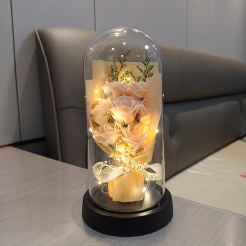 Bouquet de fleurs artificielles préservées dôme transparent LED Noël - 4