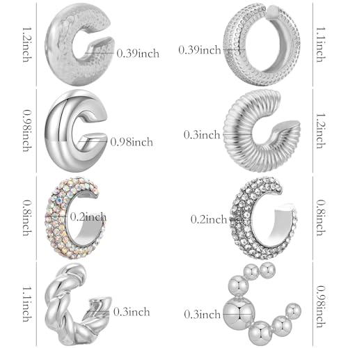 NEWITIN 8 Pairs Chunky Silver Ear Cuff Earrings for Women Trendy Thick Ear Cuffs Non Piercing Clip On Earrings Large Cuff Earring Cartilage Clip for Women by NEWITIN - Image 2