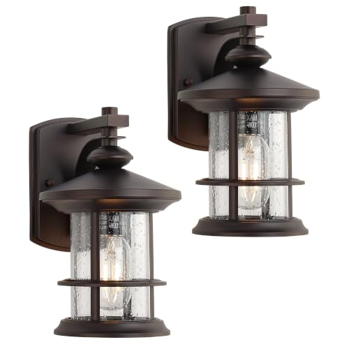 Image of MICSIU 2 Pack Oil Rubbed Bronze Outdoor Wall Light, 10 Inch Rustic Cottage | Max 100W Metal Round Exterior Sconce with Clear Seedy Glass, WaterWroof Porch Light for Entryway, Garage, Bathroom