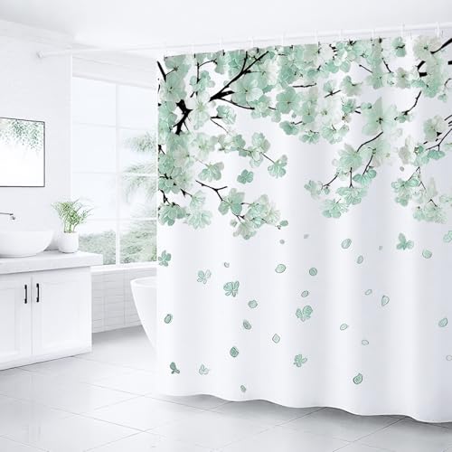 EpcrenAra Cherry Blossom Shower Curtains for Bathroom, Watercolor Floral Shower Curtain Sets Waterproof Plant Shower Curtain Bathroom Curtains Set 72x72 inch with Hooks (Mint Green, 72" W x 72" L)