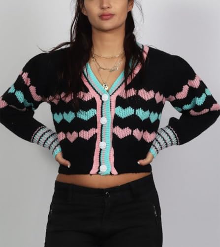 Image of Valentine's Day Cardigan Sweaters for Women Love Heart Print Button Down Cropped Cardigans Y2K Open Front Knit Sweater
