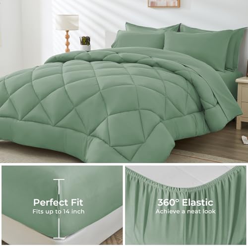 HEVUMYI Light Green King Comforter Set - 7-Piece All Season Bed in a Bag King, Ultra Soft Bedding Set with Comforter, Flat Sheet, Fitted Sheet, Pillowcases, Pillow Shams