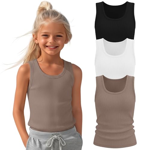 LessonZoo Girls Ribbed Tank Tops, 3-Color, 13-14 Years
