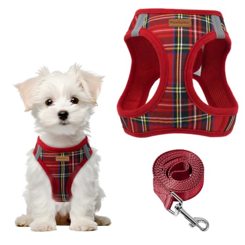 PawSailor Step-in Harnais pour Très Petit Chien Anti-Traction Tissu Doux à Carreaux Réfléchissant avec Boucle de Sécurité et Rembourrage Confort Harnais pour Chiot, Chats, Chihuahuas, Rouge XXS