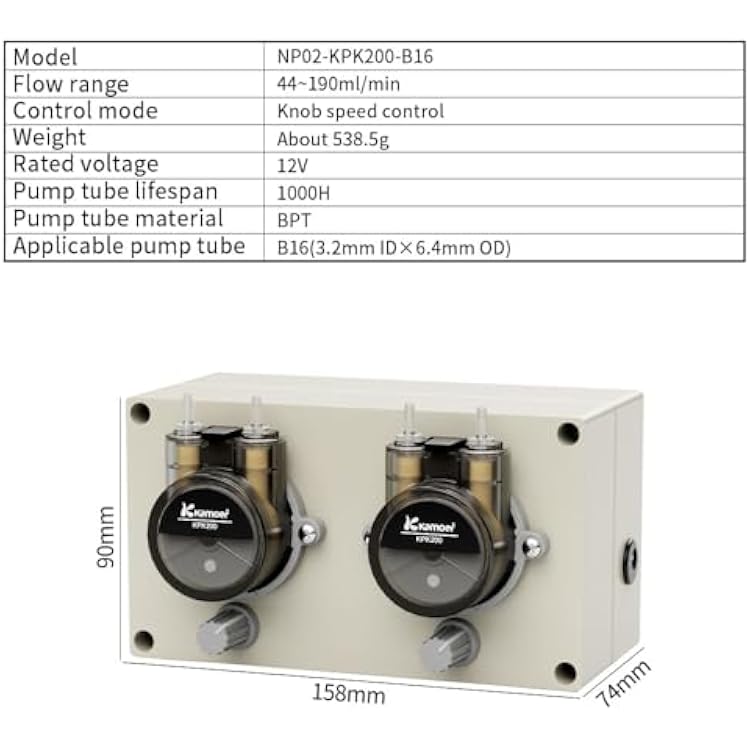 Kamoer NP02-KPK200 Double Head Peristaltic Pump 12V DC with Separate Pump Dead Control High Flow Rate 44-190ml/min Adjustable Speed Liquid Dosing Pump for Lab Analytical with Power Adapter