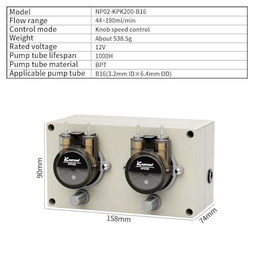 Kamoer NP02-KPK200 Double Head Peristaltic Pump 12V DC with Separate Pump Dead Control High Flow Rate 44-190ml/min Adjustable Speed Liquid Dosing Pump for Lab Analytical with Power Adapter by Kamoer - Image 2