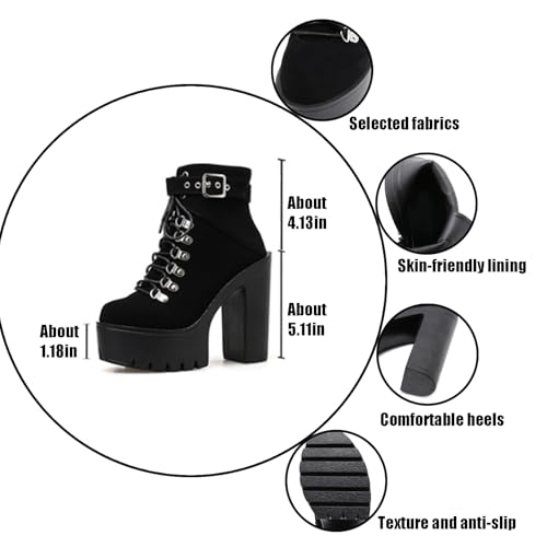 Women's Chunky Heel Platform Goth Dress Ankle Boots Classic Round Toe Lace Up Side Zipper High Block Heel Combat Bootie3