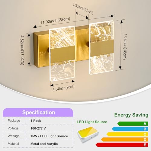 Image of Modern LED Bathroom Light Fixtures Dimmable 2-Light Gold Vanity Light