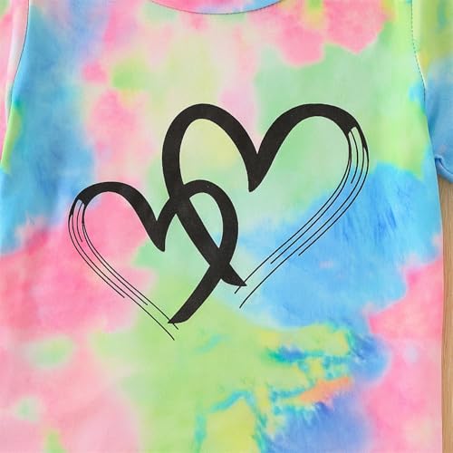 Image of Kids Girl Clothes Tie Dye Heart Print Short Sleeve Top and Shorts Toddler Girl Summer Outfits Short Set
