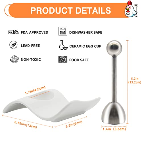 Egg Cup For Soft Boiled Eggs, Kitchenexus Egg Cups & Cracker Topper Set, 4Pcs Set Ceramic Wave Egg Holder With Stainless Steel Egg Shell, Egg Stand Holders For Kitchen #TOP1