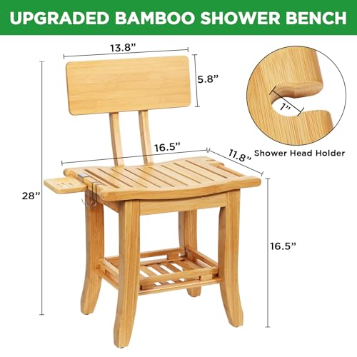 Ollieroo Two-Tier Bamboo Shower Chair for Inside Shower, Waterproof Baby Bath Seat with Storage Shelf, Soap Dish and Shower Head Holder, Shower Stool for Seniors Adults Disabled Pregnant(Natual)