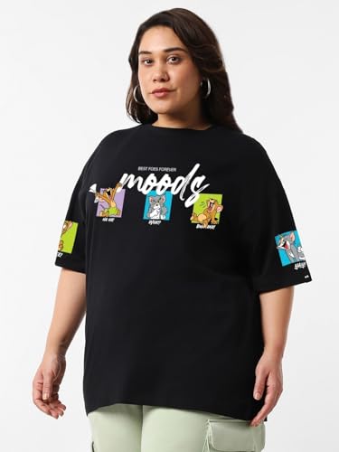 Image of Bewakoof Official Garfield Merchandise Women's Graphic Printed Oversized Fit Half Sleeve Round Neck Cotton Jersey T-Shirt